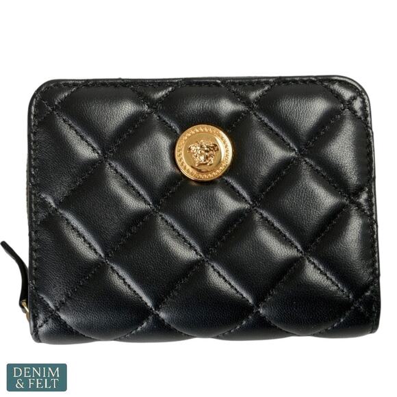 Versace Quilted Leather Bifold Medusa Wallet Black Gold Hardware - Made in Italy - Picture 1 of 14